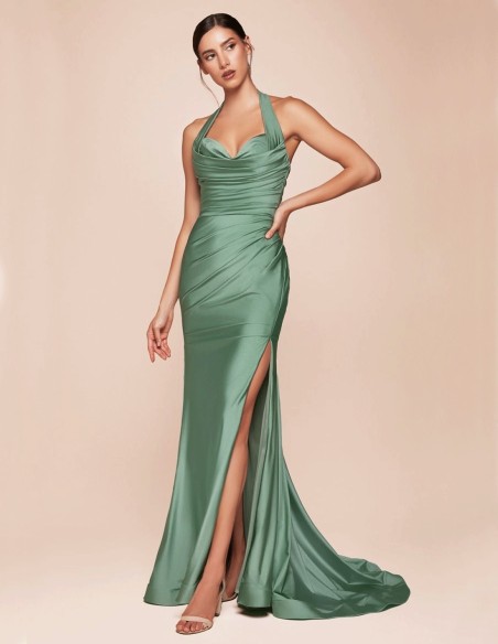 Long evening dress for guest with halter neckline