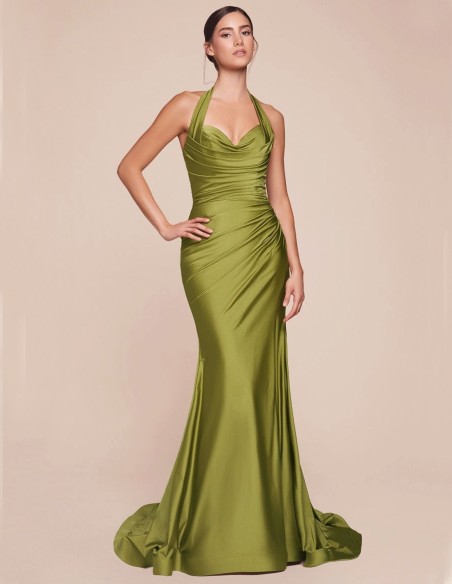 Long evening dress for guest with halter neckline