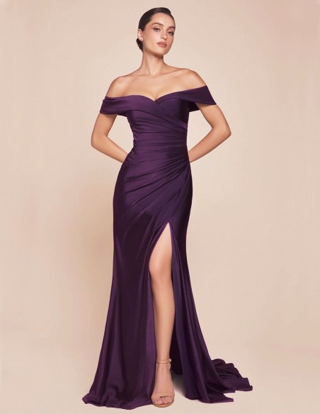 Maxi satin party dress with bandeau neckline for guest