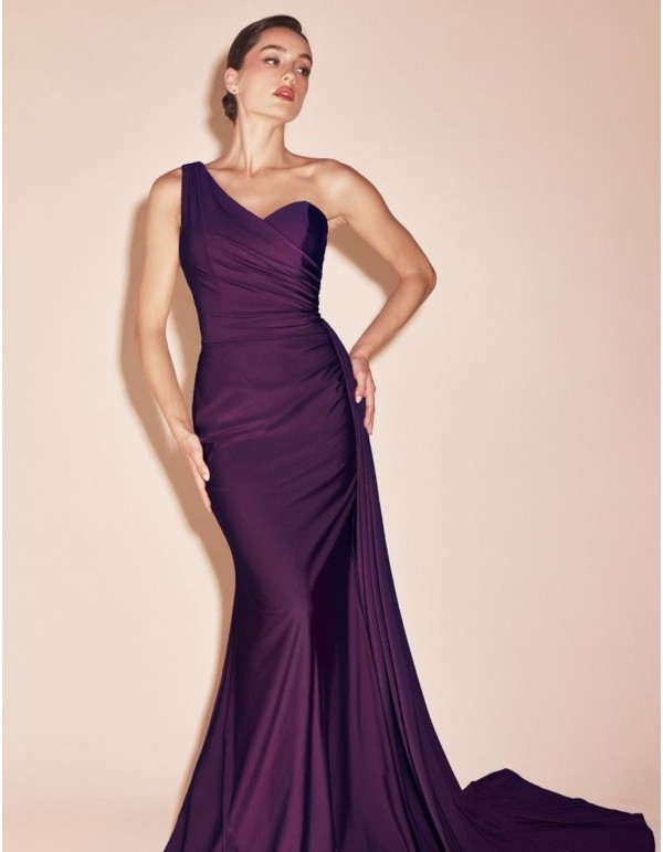 Asymmetrical stretch satin guest dress