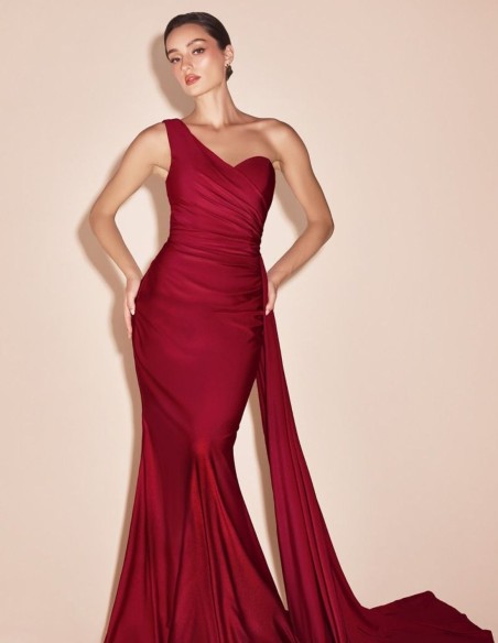Asymmetrical stretch satin guest dress