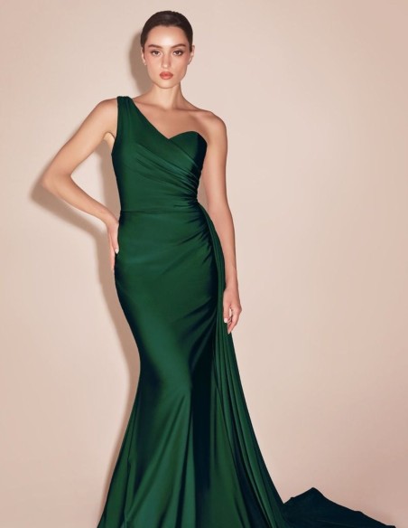 Asymmetrical stretch satin guest dress