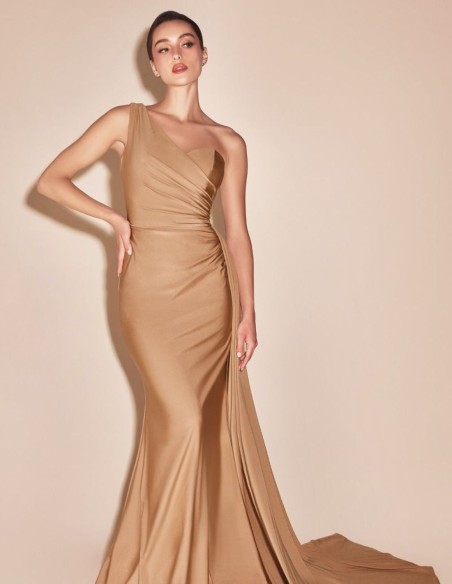 Asymmetrical stretch satin guest dress