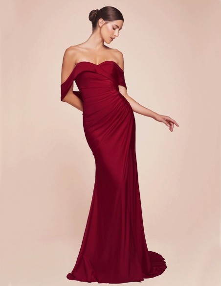 Maxi satin party dress with bandeau neckline for guest