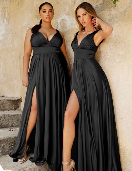 Longue robe de fête en satin avec décolleté en V et ceinture