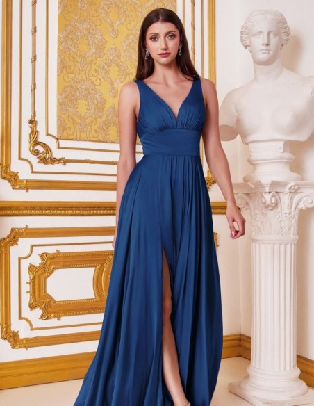 Gown satin dress with V-neckline and sash