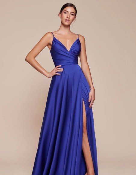 Gown satin dress with slit and thin straps