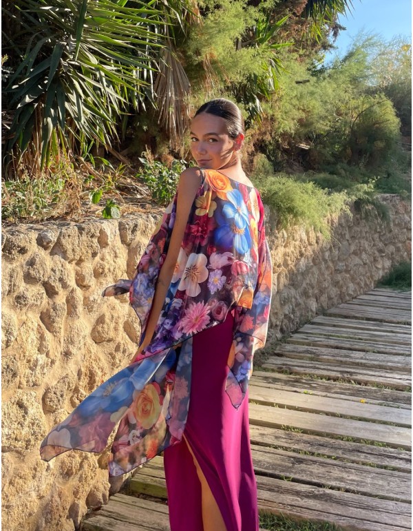 Capa corta de gasa para invitada estampada de flores 2