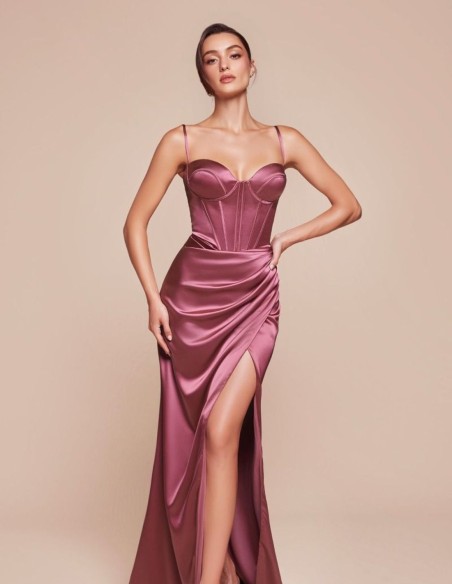 Long satin dress with bodice and thin straps