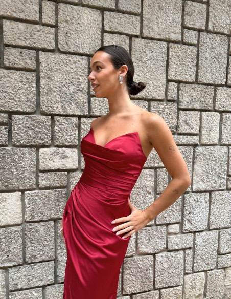 strapless satin ball gown with draped bodice and front opening