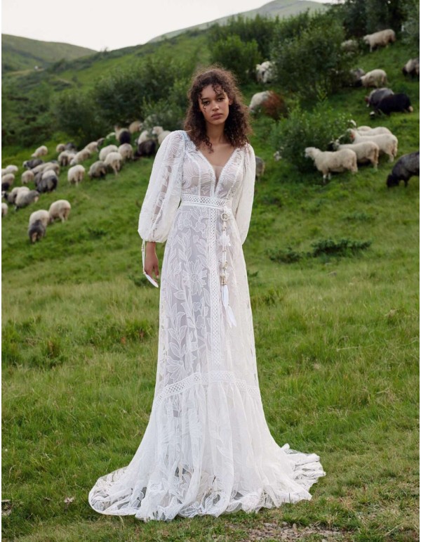 Boho style wedding dress with macramé and lace