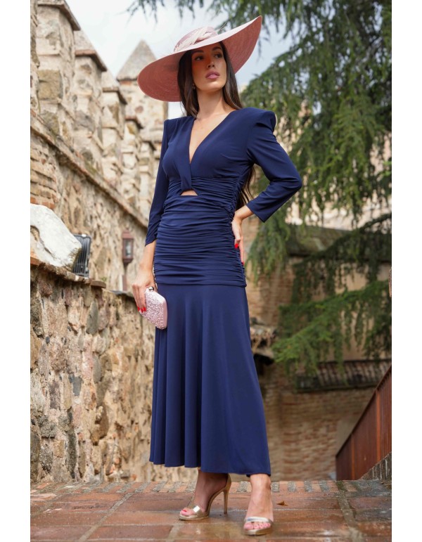 Robe de soirée midi drapée à manches longues bleu marine