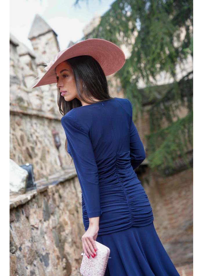 Vestido midi de fiesta azul marino drapeado con...