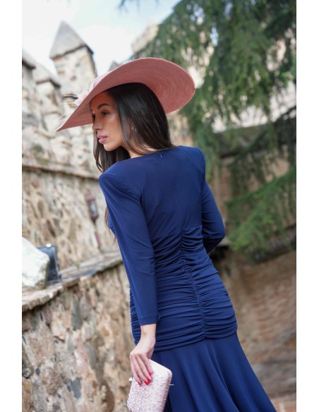 Vestido midi de fiesta azul marino drapeado con manga larga