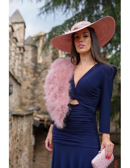 Navy blue draped midi party dress with long sleeves