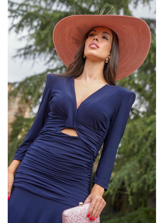 Navy blue draped midi party dress with long...