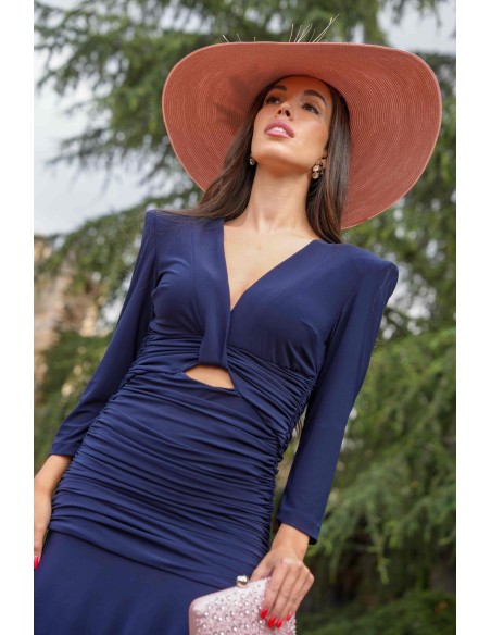 Vestido midi de fiesta azul marino drapeado con manga larga