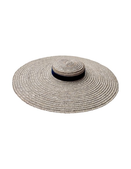 Pearl gray straw headpiece with navy blue velvet ribbon detail