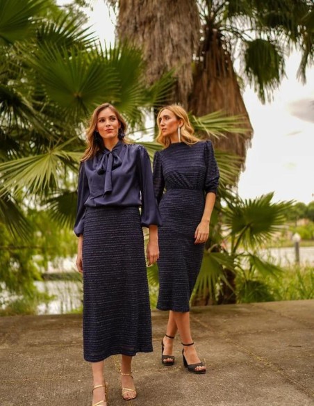 Jupe midi en maille marine