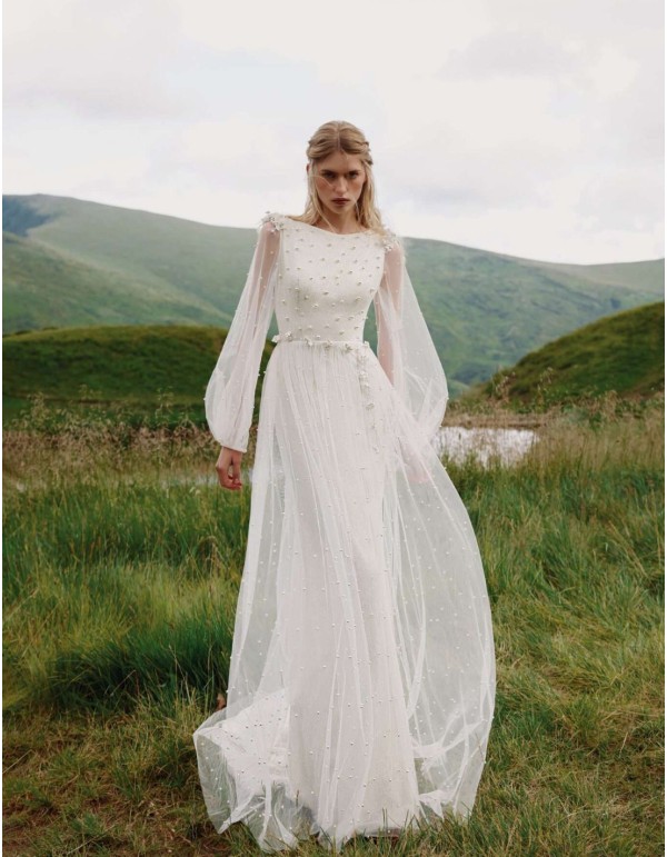 Long wedding dress with open back and pearl bodice