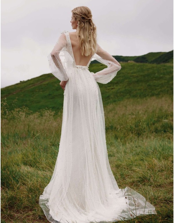 Long wedding dress with open back and pearl bodice 2