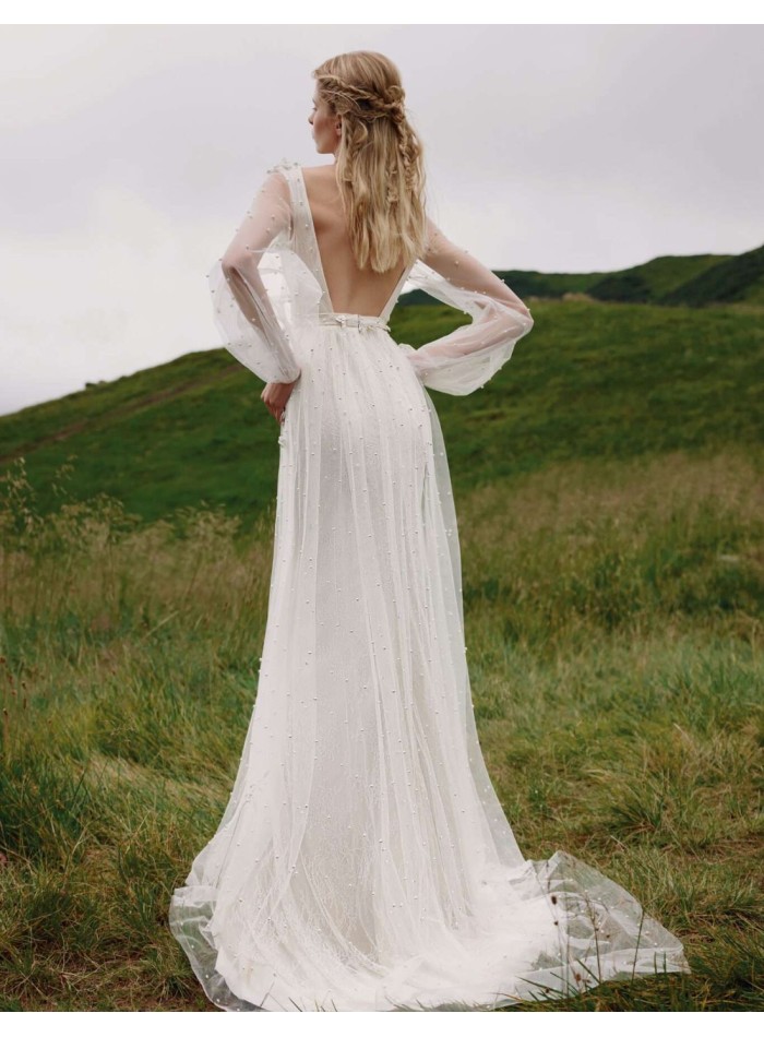 Robe de mariée longue avec dos ouvert et...