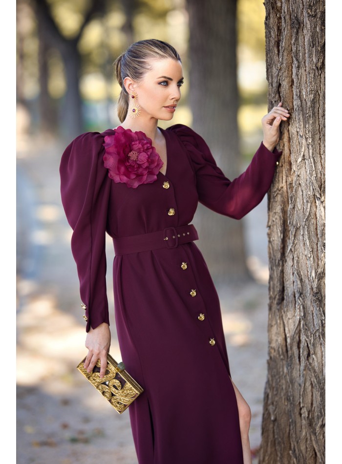 Detachable midi dress with belt and flower detail