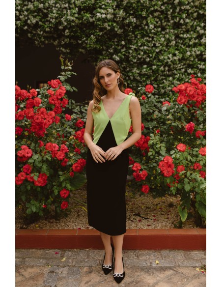 Bicolor midi party dress for guest with sling and V-neckline