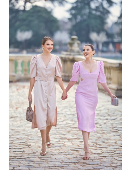 Midi dress for guest with cut-out and maxi bow