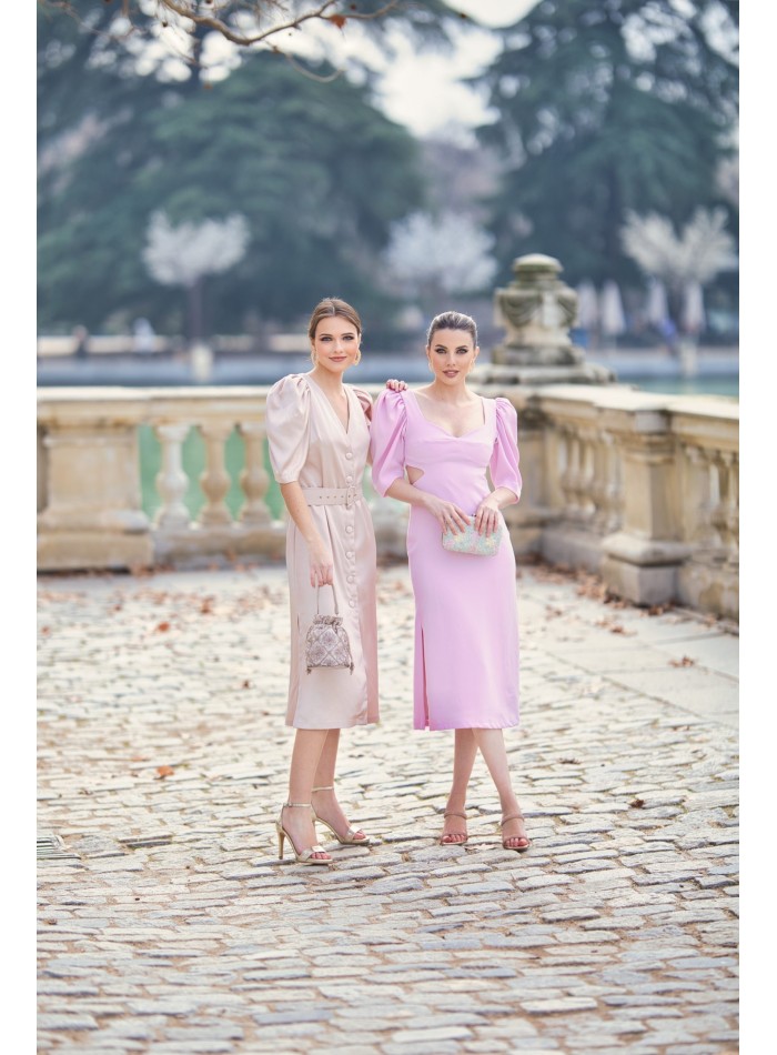 Midi dress for guest with cut-out and maxi bow