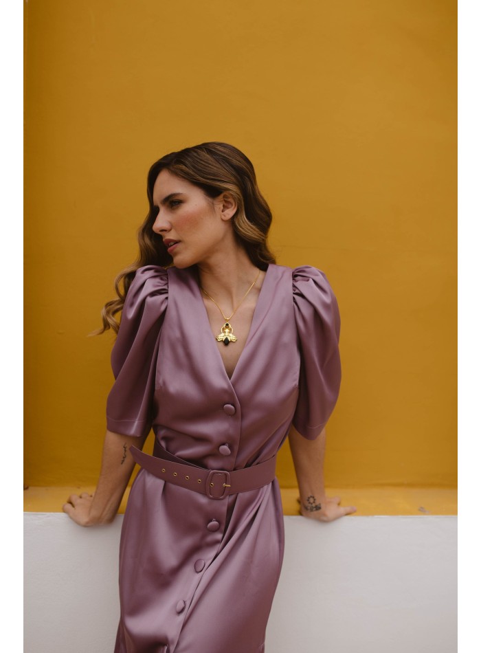 Vestido midi para boda de raso con cinturón