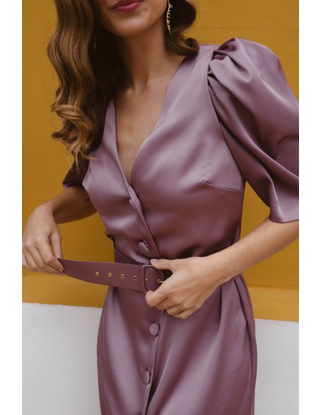 Vestido midi para boda de raso con cinturón