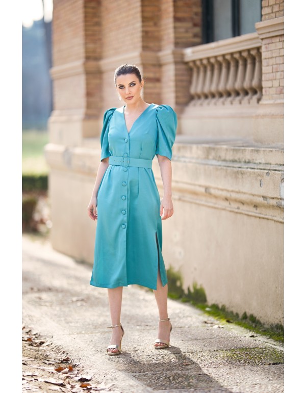 Satin midi dress with puffed sleeve and belt 2