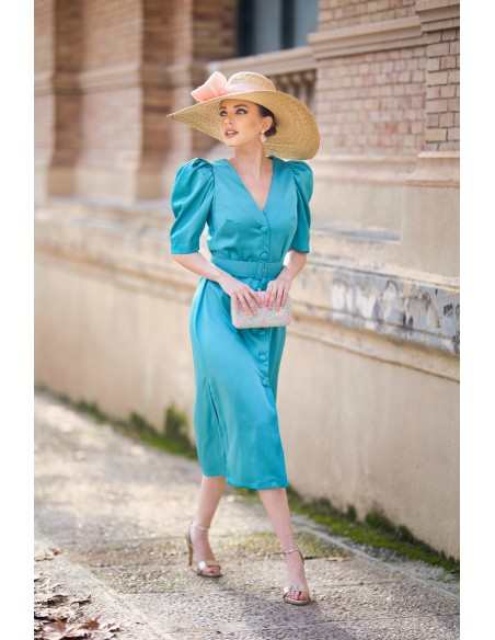 Robe midi en satin avec manches bouffantes et ceinture