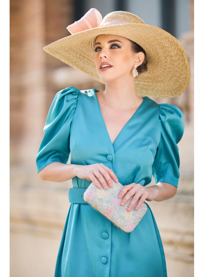 Robe midi en satin avec manches bouffantes et...