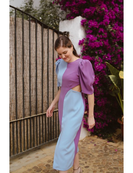Bicolor midi dress with cut-out and open back