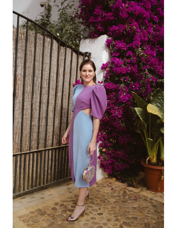 Vestido midi bicolor con cut-out y espalda descubierta