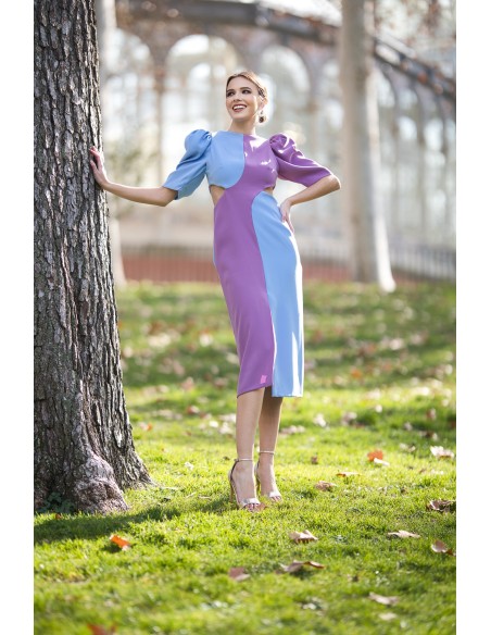 Vestido midi bicolor con cut-out y espalda descubierta