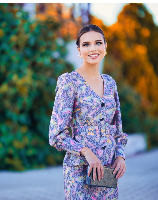 Printed guest blouse with puffed sleeve and belt