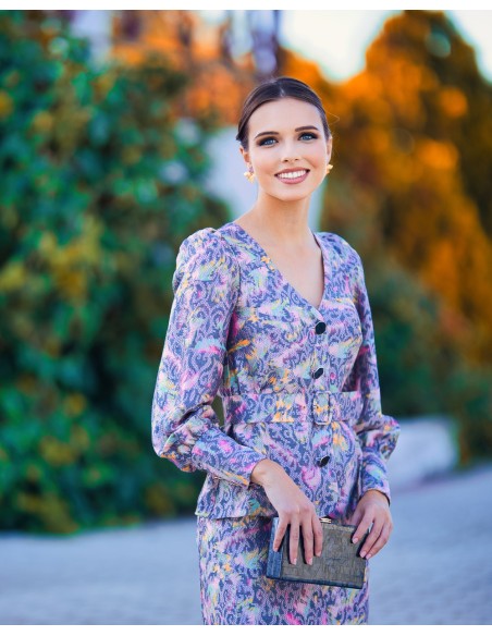 Blusa para invitada estampada con manga abullonada y cinturón