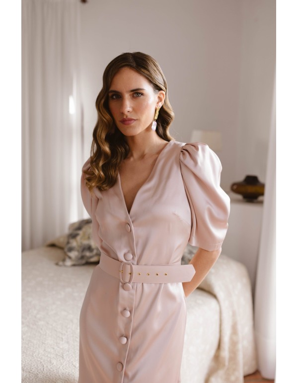 Vestido midi de raso con escote en pico y manga abullonada 2