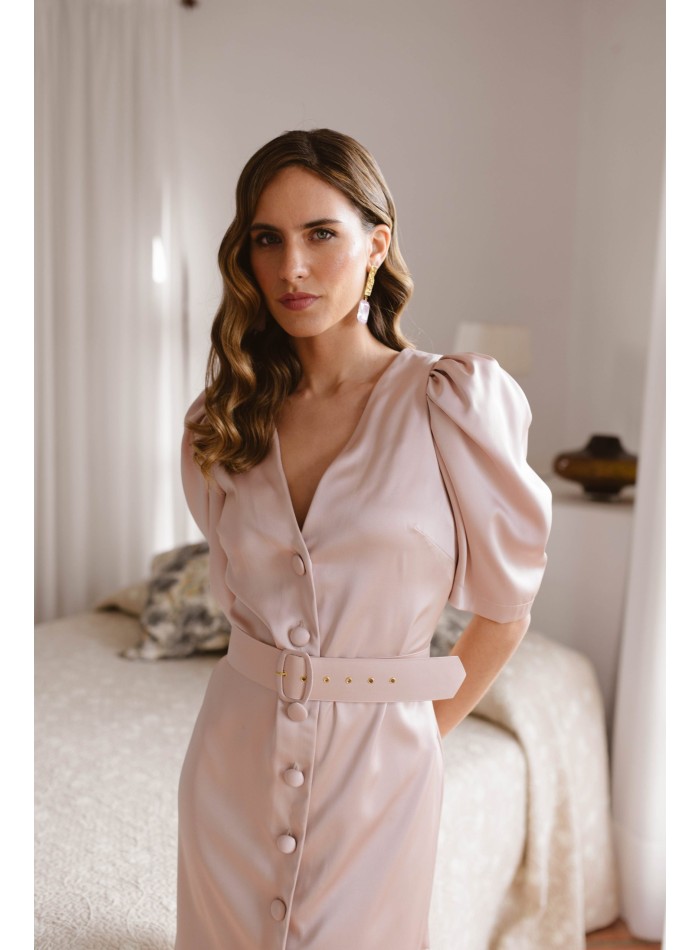 Satin midi dress with V-neckline and puffed...