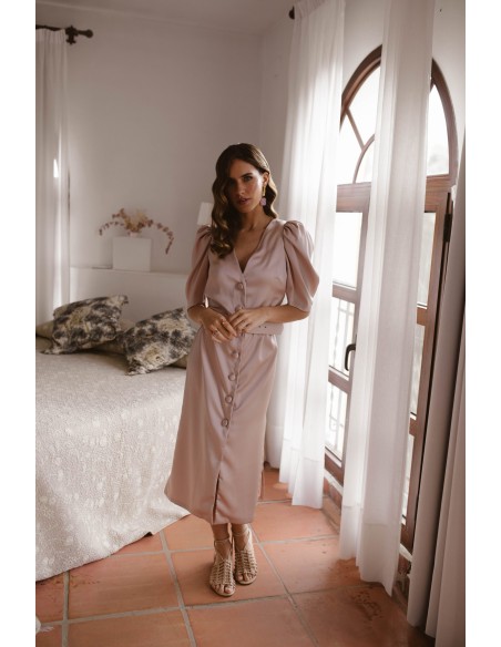 Vestido midi de raso con escote en pico y manga abullonada