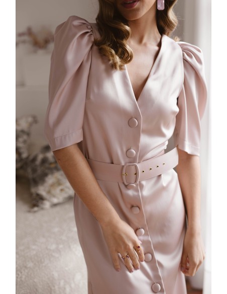 Robe midi en satin avec décolleté en V et manches bouffantes