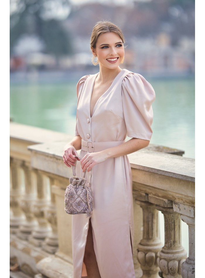 Satin midi dress with V-neckline and puffed...