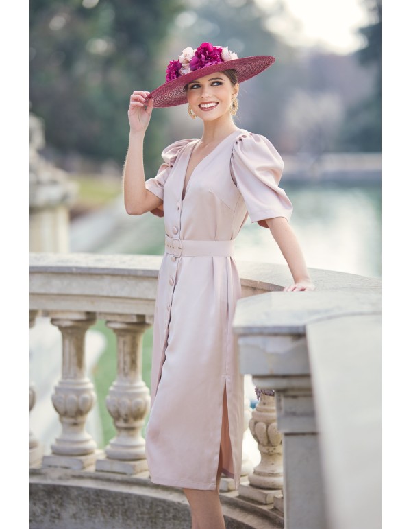 Vestido midi de raso con escote en pico y manga abullonada