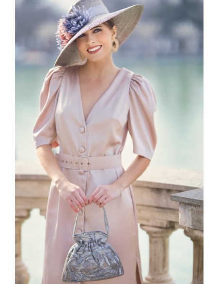 Satin midi dress with V-neckline and puffed sleeves