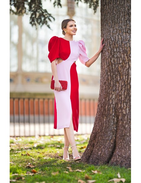 Vestido midi bicolor para invitada con cut-out
