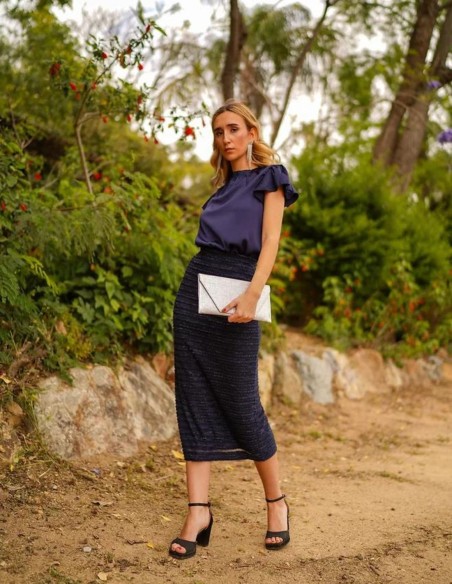 Navy blouse with short sleeves and ruffles