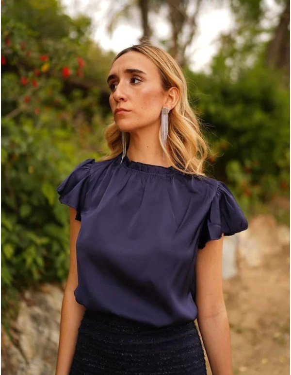 Navy blouse with short sleeves and ruffles